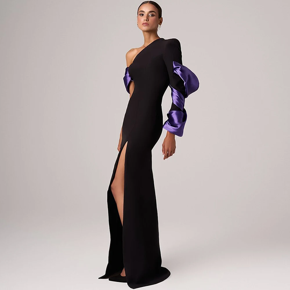 Vestidos de noche personalizados de un hombro de sirena de Jersey simple Vestidos de fiesta de manga larga delicados Vestidos de novia con abertura frontal sexy