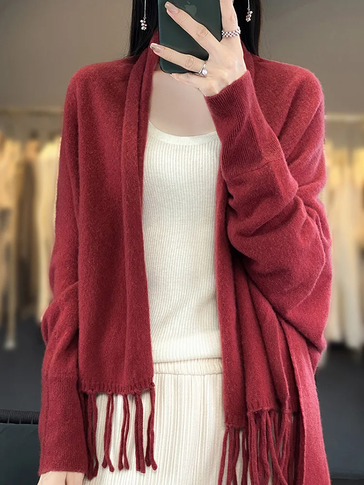 Luxury 100% Merino Wool Women\'s Tassel Poncho Shawl Thick Sweater Soft Warm Autumn Winter Jacquard Cashmere Knitwear Shawl