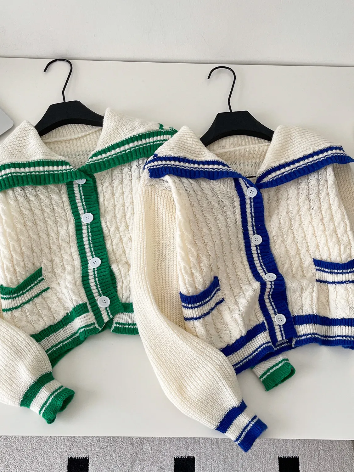 

2026 New Autumn Spring Women Sailor Collar Long Sleeve Knitted Sweater Hit Color Striped Single Breasted Short Cardigan Tops
