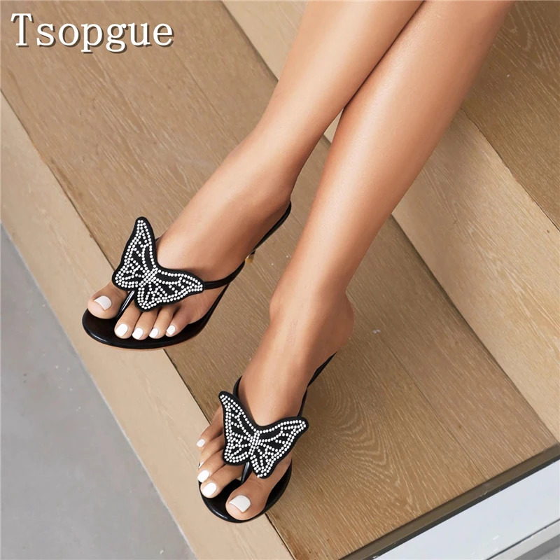 Luxury Rhinestone Butterfly Women Slippers Summer New Clip Toes Thin High Heels Sandals Fashion Flip Flops Mules