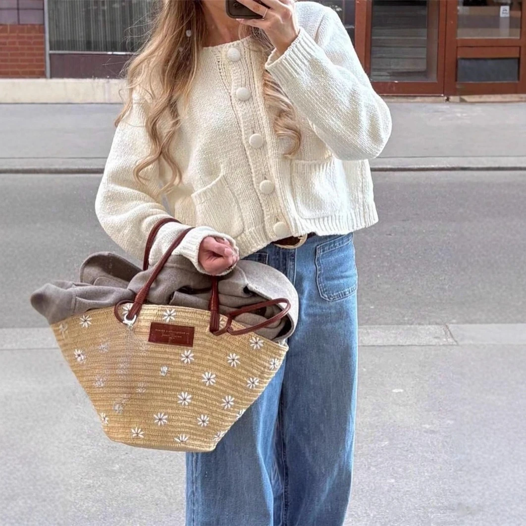 

Solid Color Button Knitted Cardigan Pocket Sweater Coat 2025 Autumn/Winter Women's New Product