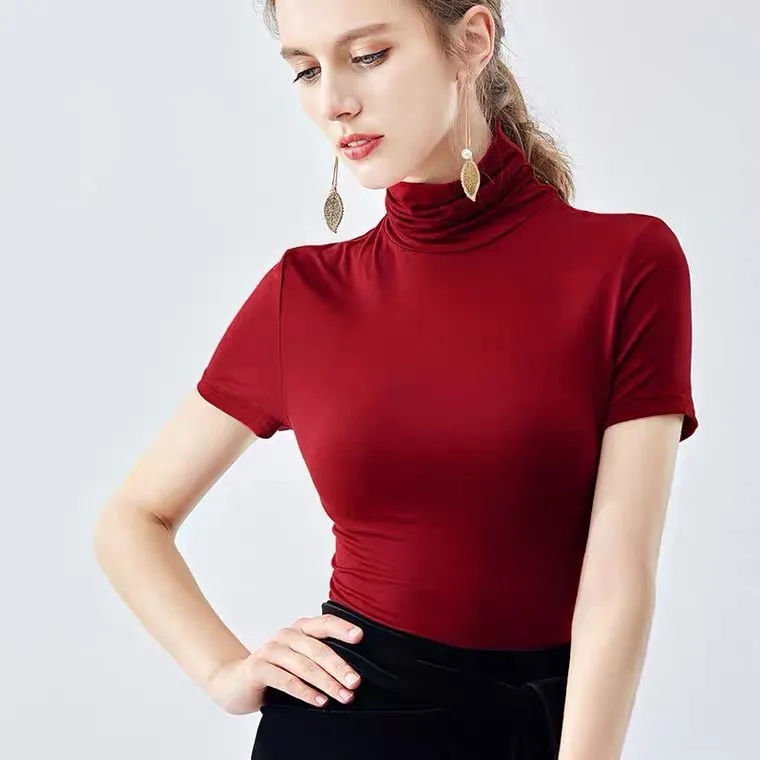 Chemise tricotée à col roulé en coton modal pour femmes, manches courtes, chemisier basique slim, tricots, mode décontractée