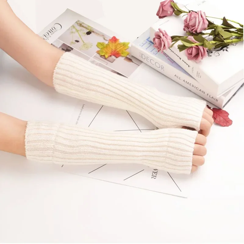 Black White Fingerless Gloves for Women Girl Knitted Long Arm Sleeves Arm Warmer Fine Casual Soft Punk Gothic Mittens