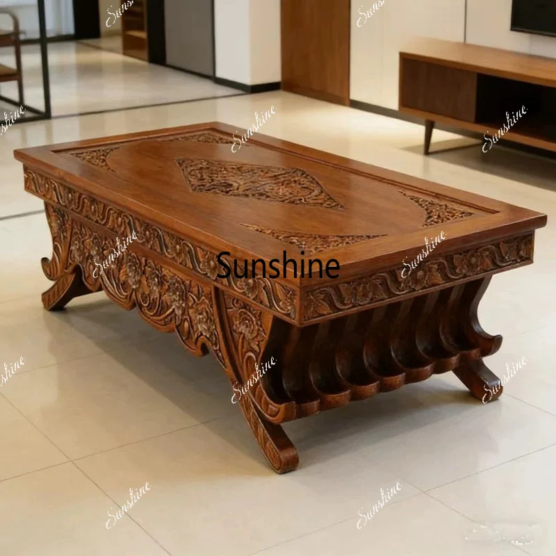 Solid wood carving flower coffee table, old elm coffee table, simple coffee table in the living room