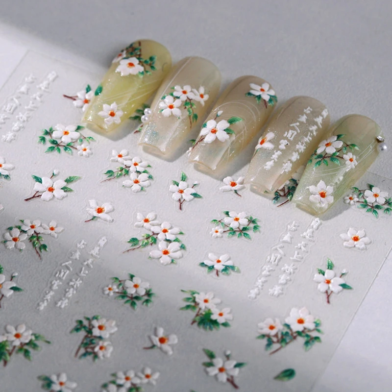 White Gardenia Chinese Style Self Adhesive Nail Art Stickers Colorful Flowers Peach Blossom Corn Poppy Manicure Decals Wholesale