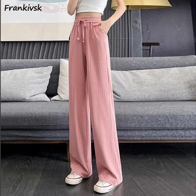 

Wide Leg Pants Women Streetwear Loose Elegant Leisure Japanese Style All-match Trousers Drawstring Solid Pleated Fashion Simple