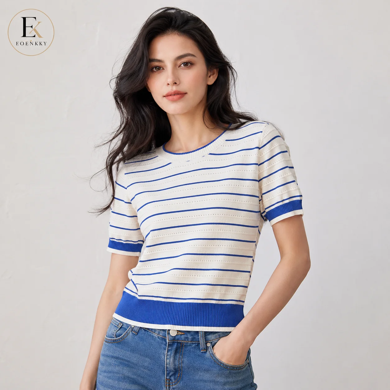 EOENKKY Women Striped Knit T-Shirt Summer 2026 Short Sleeve Crew Neck Contrast Trim Loose Fit French Style Casual Office Top