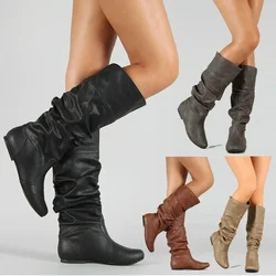 Women Leather Boots Fashion Pleated Wedge Long Boots Round Toe Autumn Winter Solid Slip On Shoes Ladies High Boot Botas De Mujer