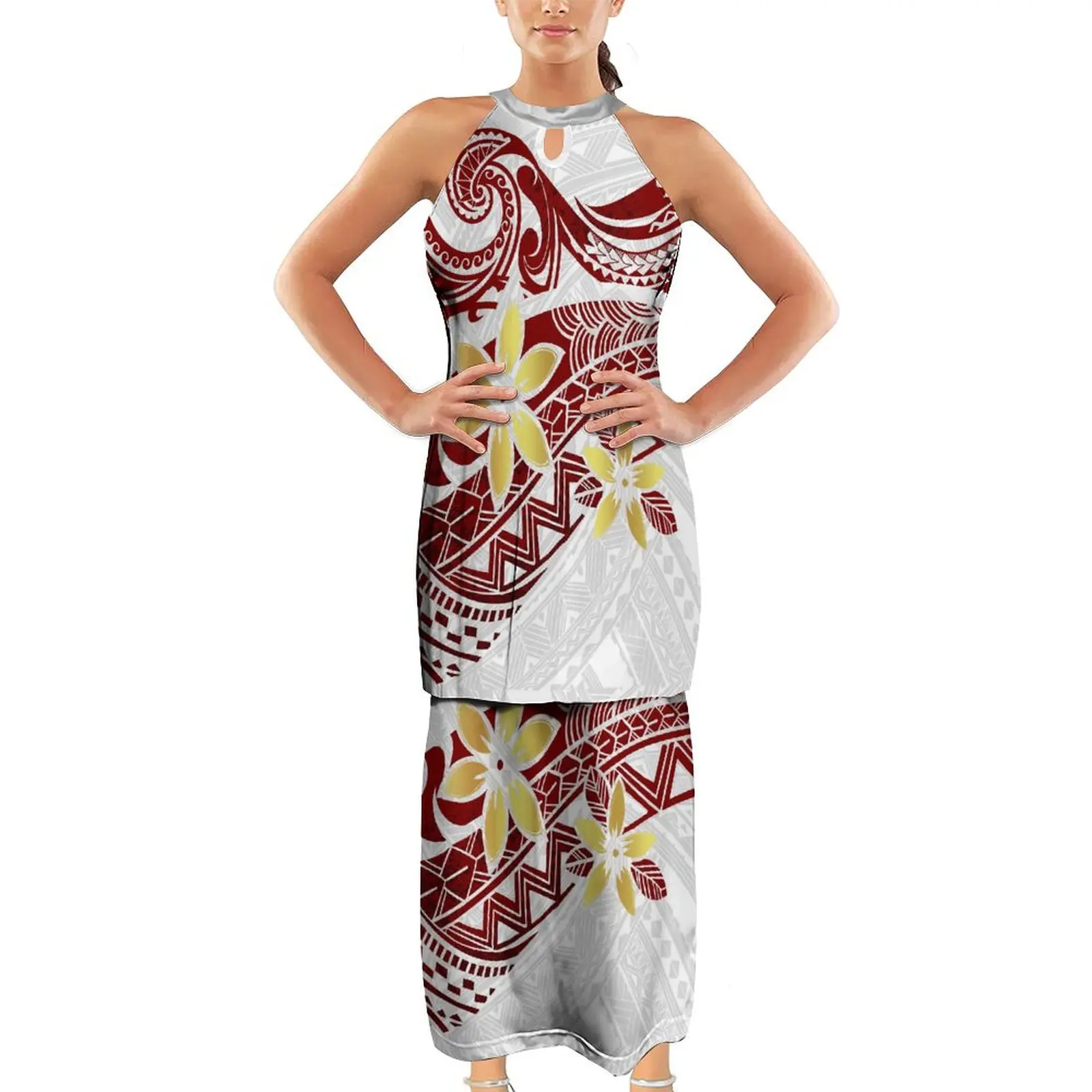 Double Set Dress Summer Sleeveless Neckband Design Polynesian Samoa Custom Maxi Dress From Fiji Island Puletasi Tribe Flowers