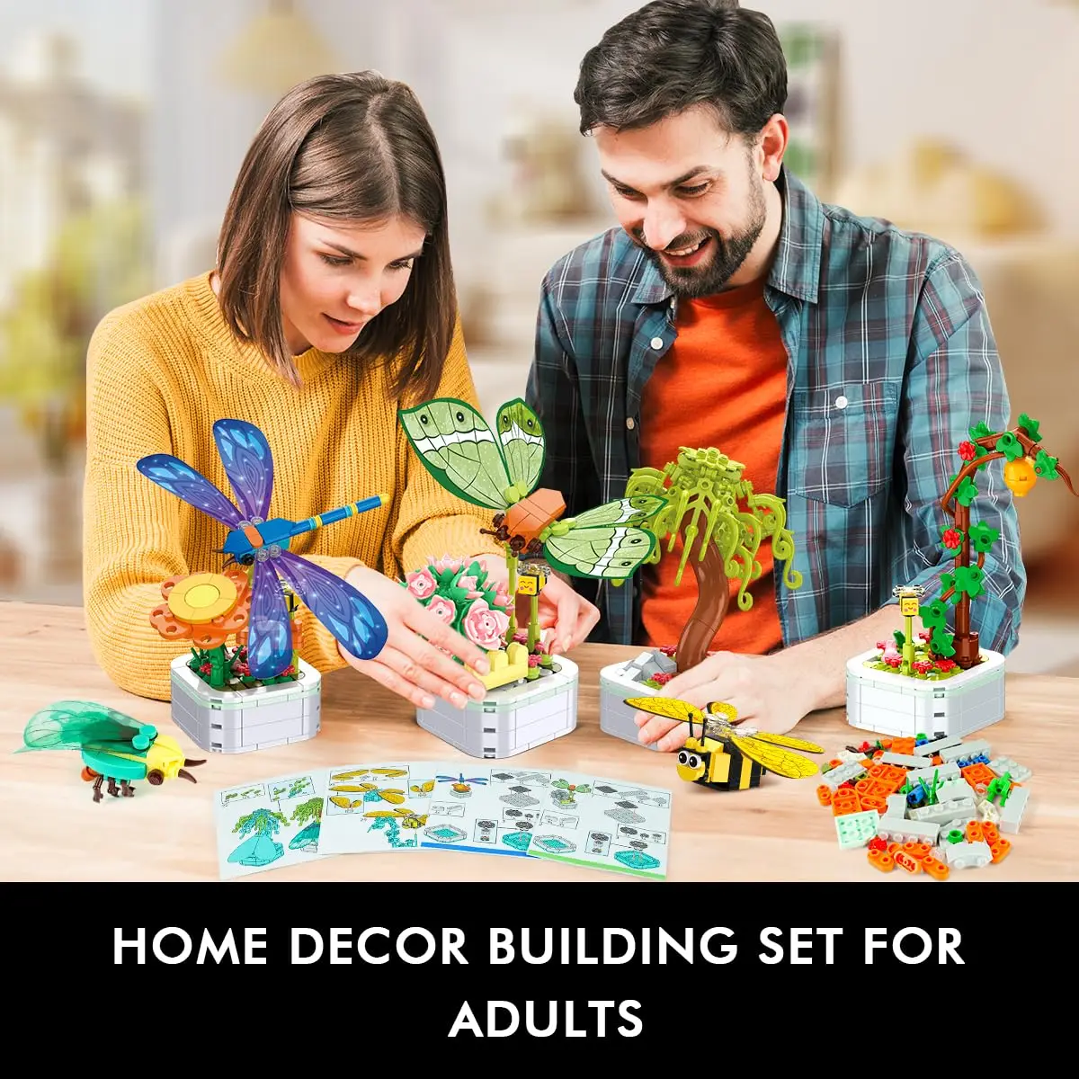 Conjunto de construcción de colección de flores de insectos, 4 estilos, 830 piezas, mariposa, Libélula, planta, modelo de exhibición, decoración del hogar, regalos para adultos y niñas