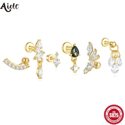 Orecchini a bottone in argento Sterling 925 serie CZ nero cristallo per donna stella luna cuore a forma di fiore orecchini a bottone gioielli per feste