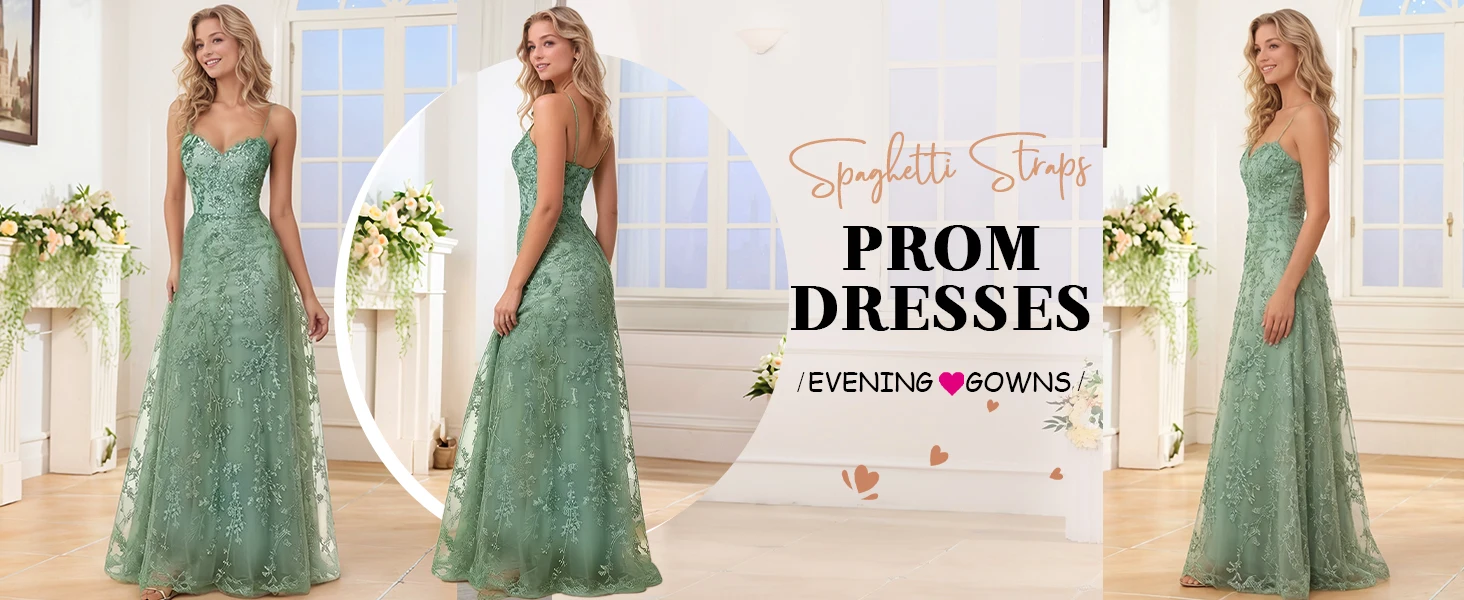 Spaghetti Strap Sparkly Prom Dress for Women Long Tulle