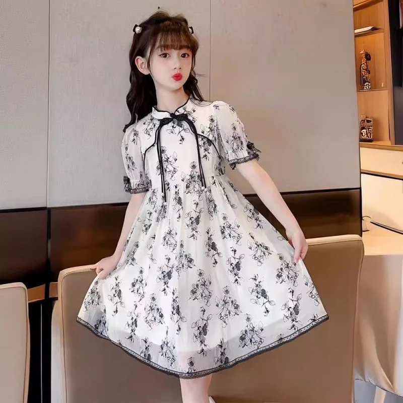 Children's Cheongsam Dress Girls' Summer Dress New Style Big Girl Fashionable Short Sleeve Ink Painting Style Summer
