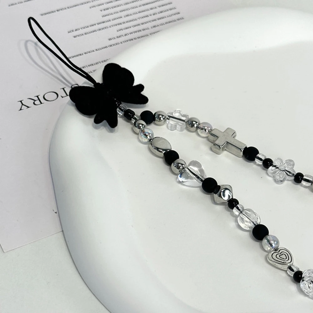 Korean Cute Black Bow Clear Flower Star Beaded Phone Chain Silvery Love Heart Pendant Lanyard For iPhone Anti-Lost Hanging Rope