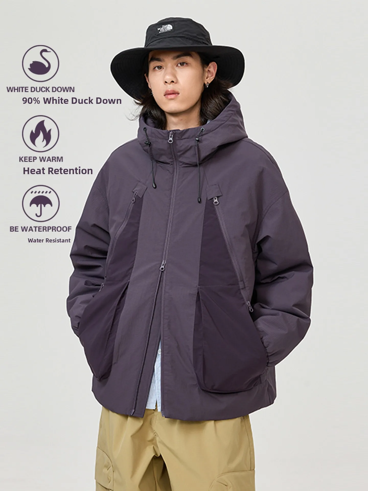 

ex Thiened White Du down Jaet Outdoor Windproof Waterproof Youth Faion Workwear Coat Warmth Zipper Closure Long S...