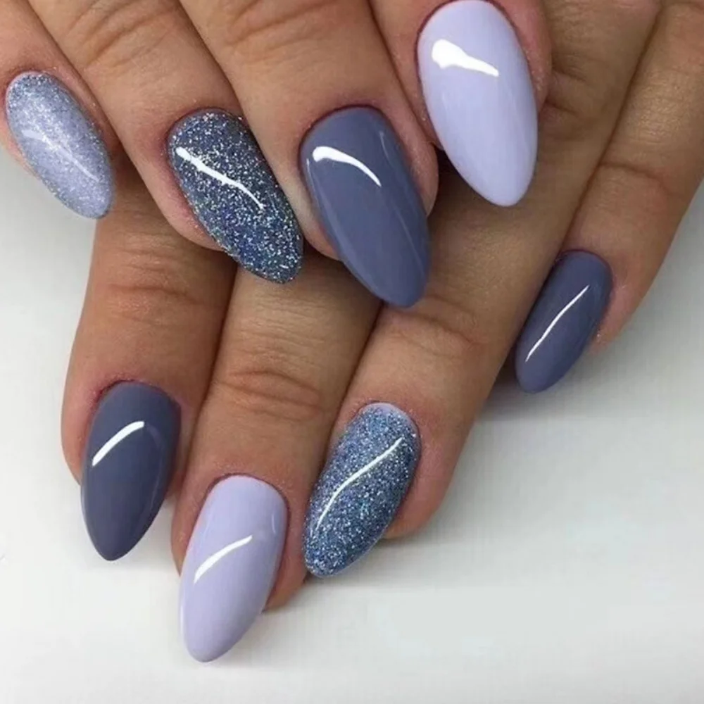 24pcs Purple Full Cover Nail Mid-length Almond False Nails Shiny Powder Design Press on Nails Simple Datachable Fake Nail Tips