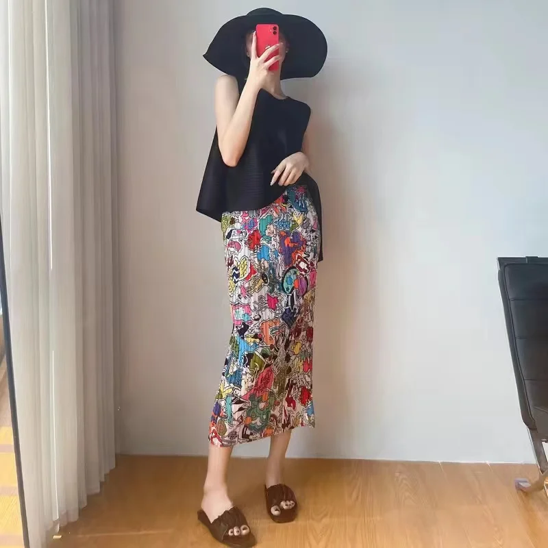 Pleated Skirt Women's Summer 2023 New Fashion Printing Skirts Women's Fashion All-match Slim Empire Light Luxury Holiday Dresses