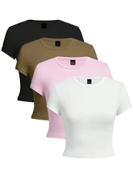 Women Tight Fitting Short T-Shirt Pink Brown Black White Tight Tops Fashion Sexy T Shirts Soft Breathable Stretch Females Tee