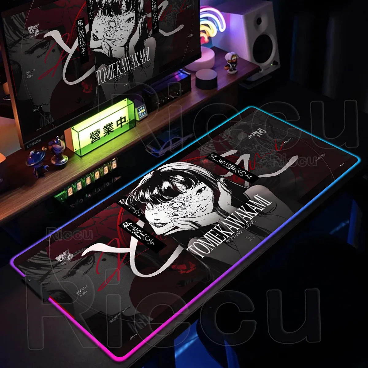 Большой RGB черно-белый коврик для мыши Junji Ito Anime Gamer, светящийся светодиодный большой противоскользящий коврик для мыши Tomie XXL, коллаж, коврик для мыши ужасов