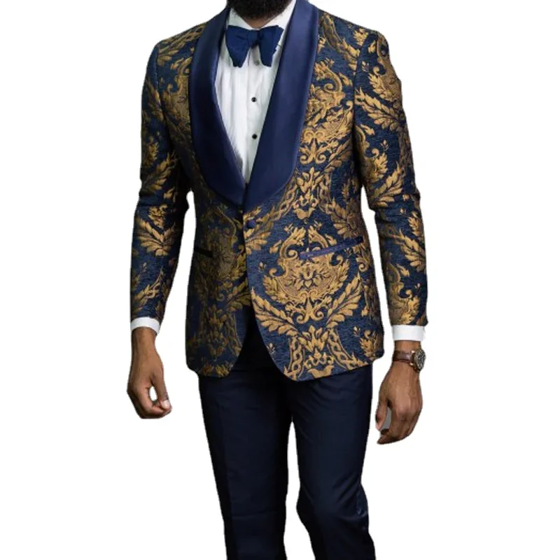 

Navy Blue Floral Men Suits With Satin Shawl Lapel 3 Piece Slim Fit Groom Tuxedo Jacket Vest With Pants Male Fashion Costume 2024