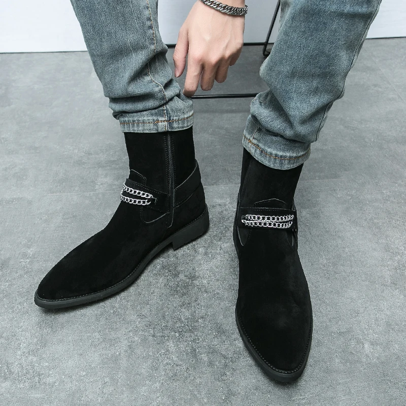 Chelsea Boots Men Fashionable British Zipper Mid Leg Denim Boots Men Outdoor Training Formal Boots Sizes 38-46 Men Boots