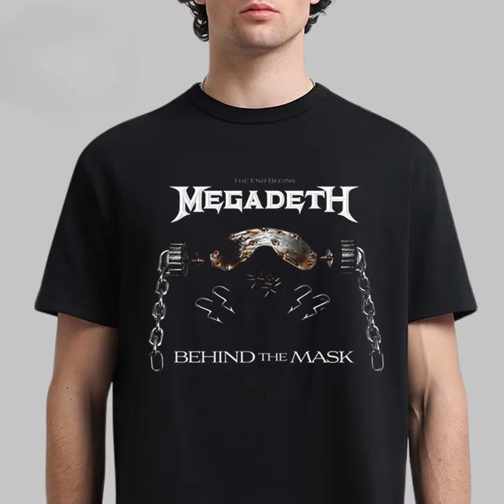 Megadeth Iconic Behind The Mask Graphic Tee Featuring Vic Rattlehead Mask Metal Streetwear Casual Unisex Top