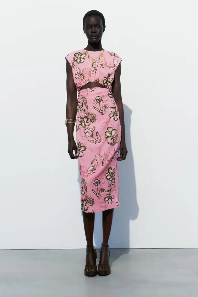 Nuevo Vestido Midi 2025 para Mujer, Estilo Europeo y Americano, Moda, Lino Mezclado, Estampado, Cintura Hueca