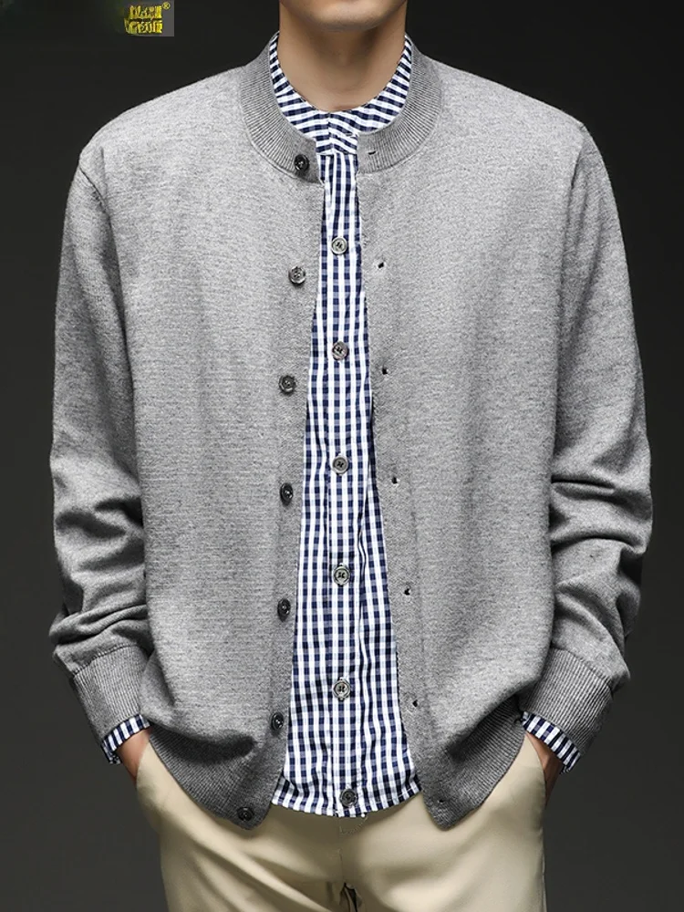 

Мужская вязаная кофта-рубашка на пуговицах с воротником-стойкой, модная, свободного кроя, с длинным рукавом, из полиэстера, для осени