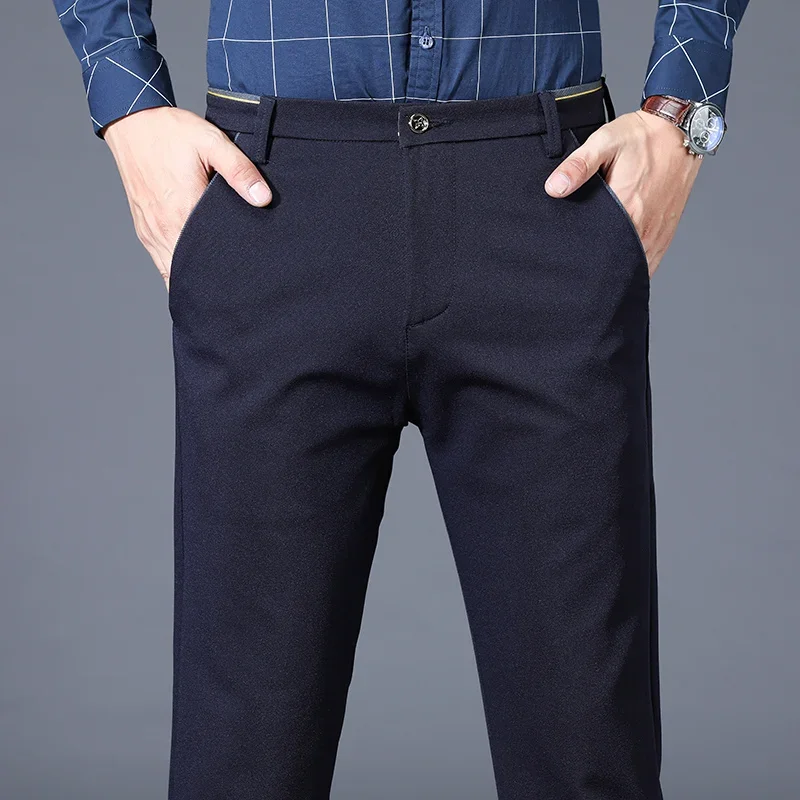 

Classic Style Men's Black Blue Business Straight Suit Pants Solid Stretch Cotton High Waist Office Trousers Male Brand Clothes