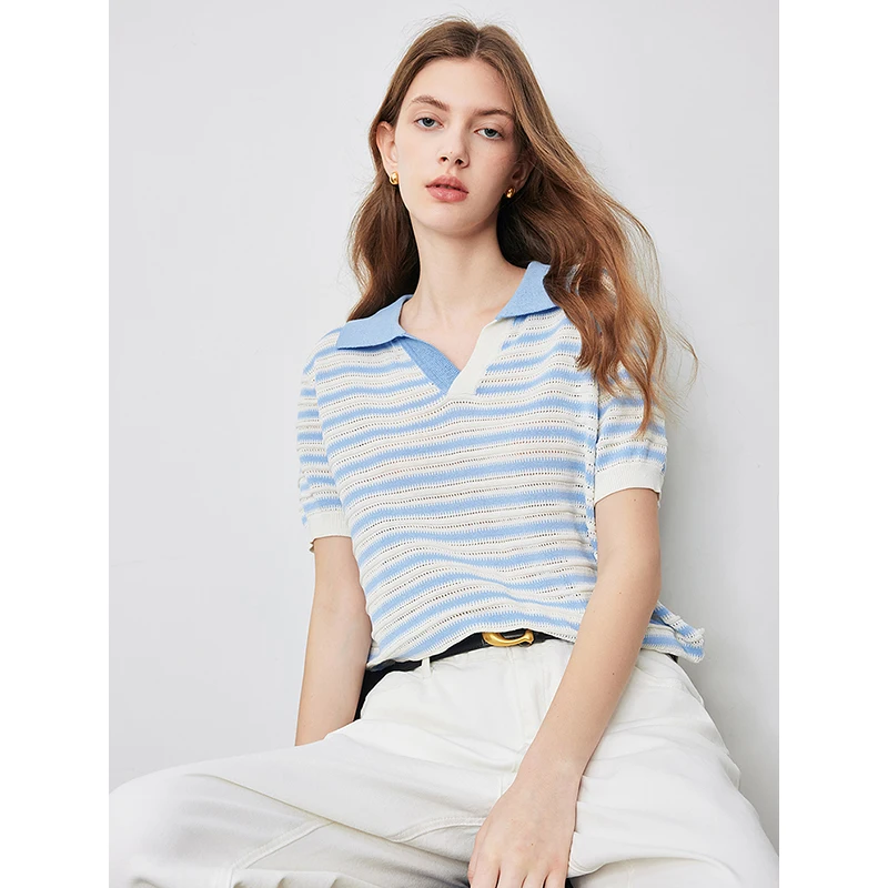 TOYOUTH Women Knitwear 2024 Summer New Striped Polo Collar Hollow Out Casual Short Sleeved Tops for Women