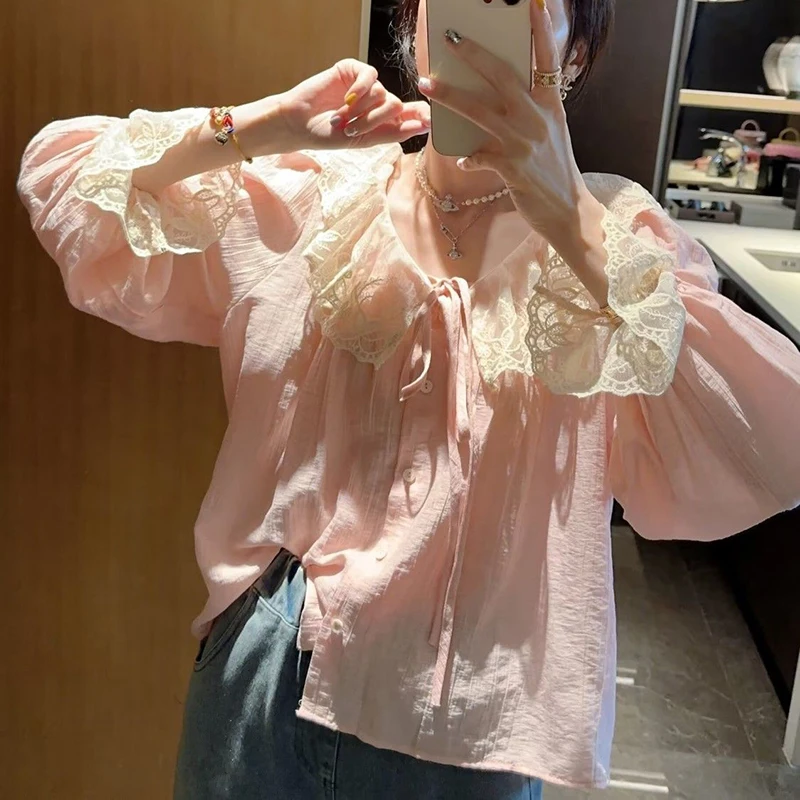 Lace Korean Women Shirt Pink Long Sleeve Top Female Autumn Peter Pan Collar Fashion Woman Blouse 2024 Ruffles Loose Clothes New