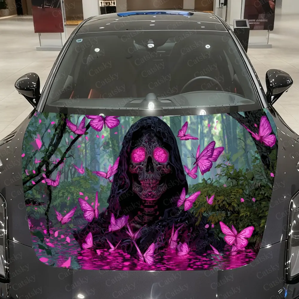 

Psychedelic Floral Realm Skull & Butterfly Car Vinyl Wrap, PVC Material Waterproof Car Hood Sticker, Self-Adhesive Scratch-Resis