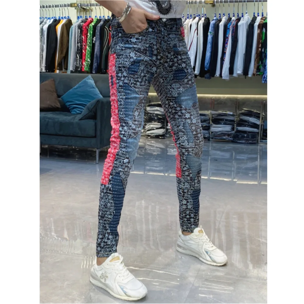 Men's Trendy Contrast Black Red Irregular Patch Pants Fashion Paisley Print Trousers TOP Stitching Embroidery Slim Fit Jeans