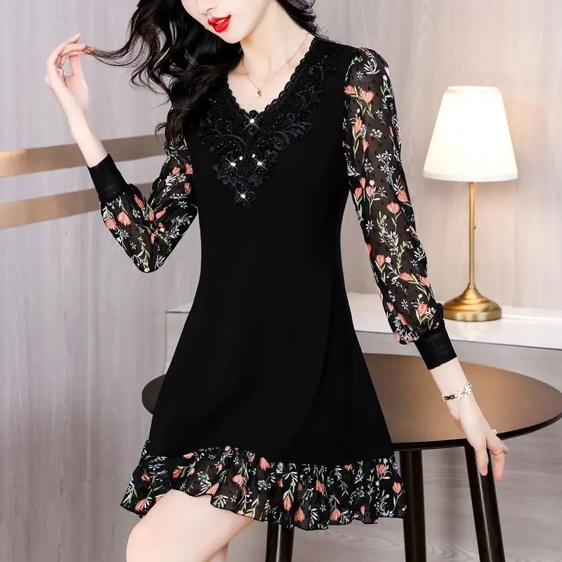 Women\'s Clothing Vintage Flower Lantern Long Sleeve Patchwork Rhinestone V-Neck Spring Autumn Printing Knee Skirts Dresses