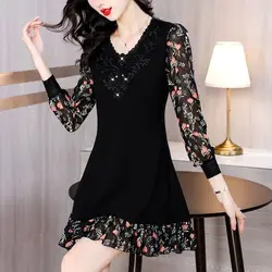 Women's Clothing Vintage Flower Lantern Long Sleeve Patchwork Rhinestone V-Neck Spring Autumn Printing Knee Skirts Dresses