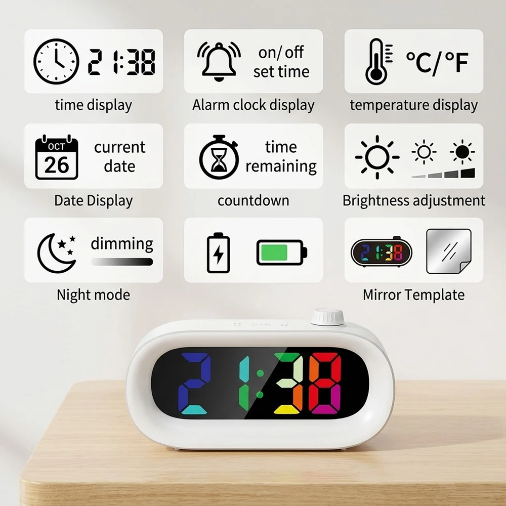 Digital Alarm Clock Temperature Countdown Timer Brightness Adjustment Color Display Desk Clock for Students Bedroom Living Room