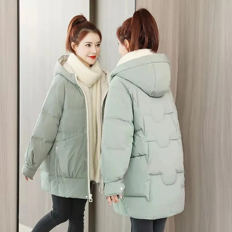 Black Winter Coat For Women 2026 New Korean Edition Loose Thicken Parker Medium Length Cotton Jacket Female Warm Hooded Coats