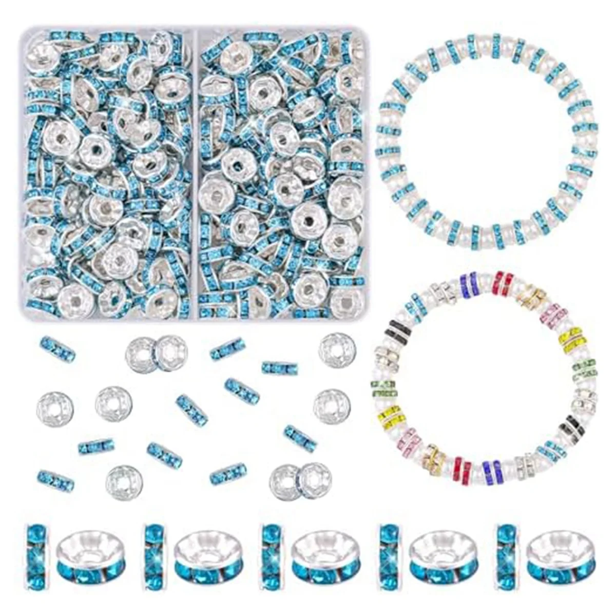 

900 Pcs 8mm Spacer Beads for Crafting, 15 Colors Rondelle Spacer Beads Box, Fancy Sparkle Crystal Rhinestone Beads