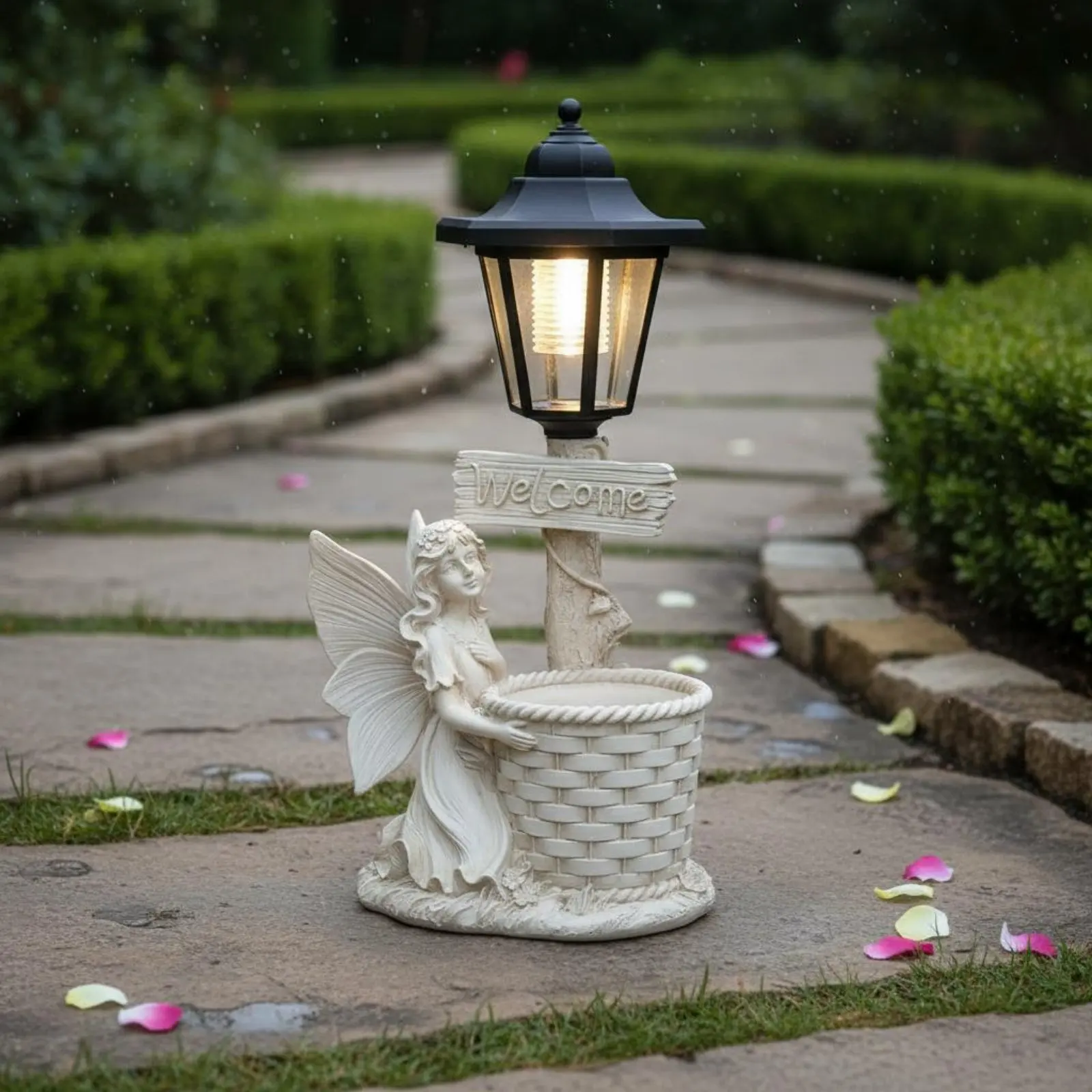 Solar Angel Statue Waterproof Solar Angel Lantern Resin Fairy Garden Light Resistant Resin Garden Figurine Welcome Sign