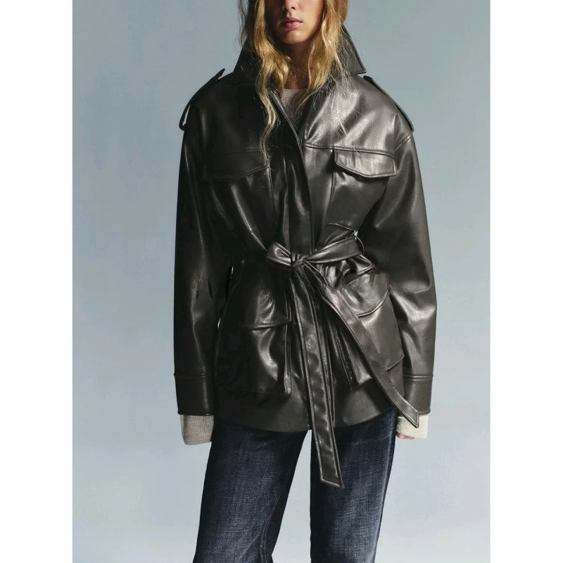 Jaqueta Fena Nova de Couro PU com Manga Longa e Caimento Solto, Gola Alta, Superfície Brilhante e Textura Anti-Couro 434766