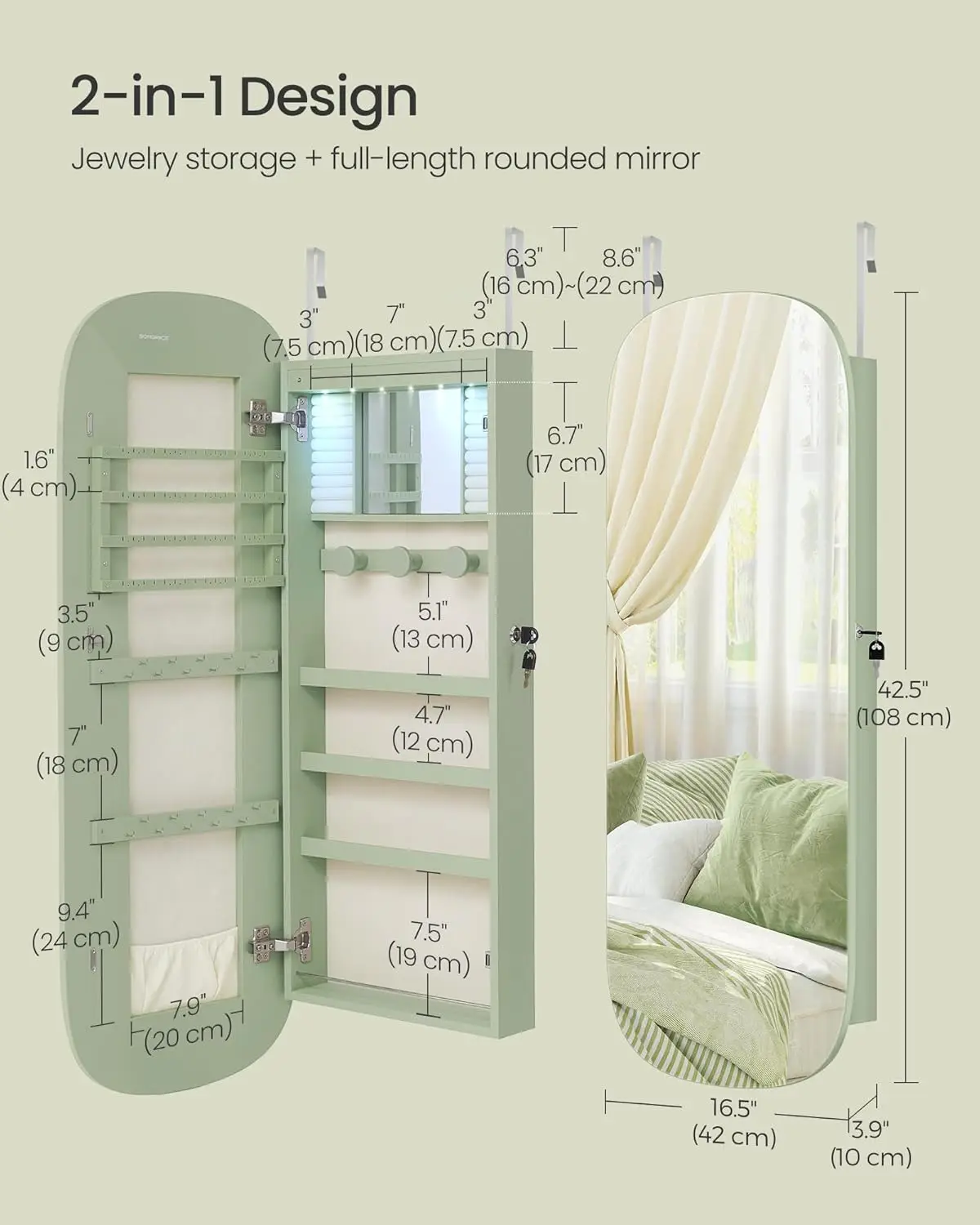 منظم المجوهرات، خزانة مجوهرات LED مثبتة على الحائط/الباب، مرآة واسعة مستديرة مع مساحة تخزين، مرآة داخلية #5