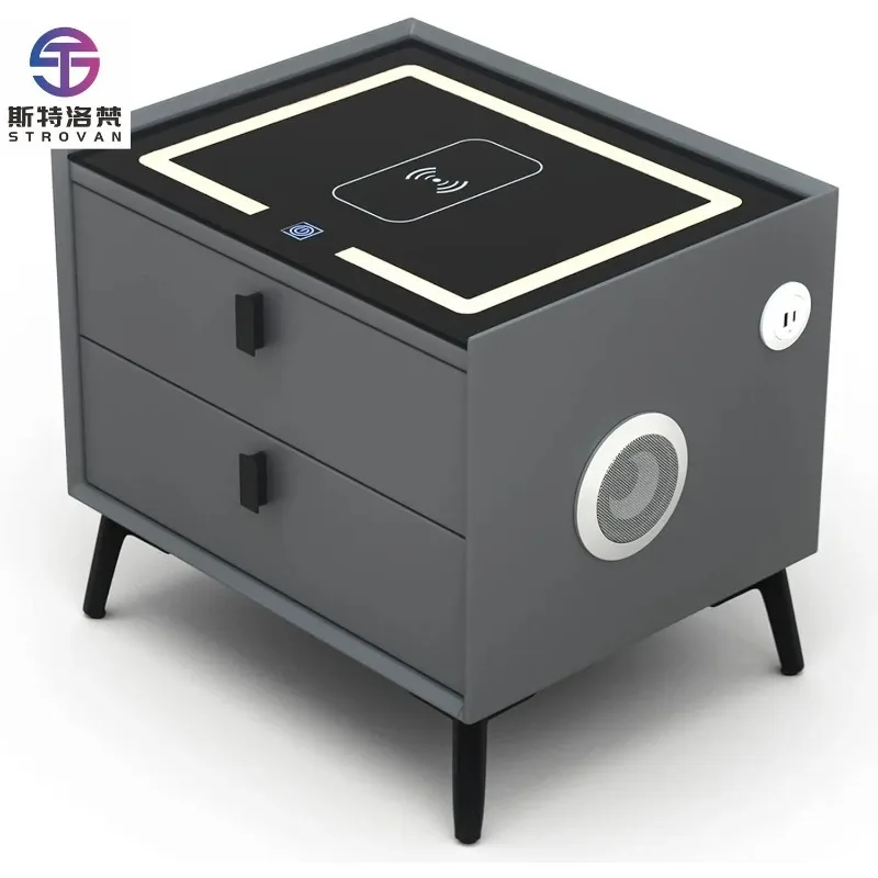 

Wireless Charging and Speaker Modern Wooden BedSide Table USB Port 2 Storage Drawers Smart Nightstands With 3 Color LED Lights