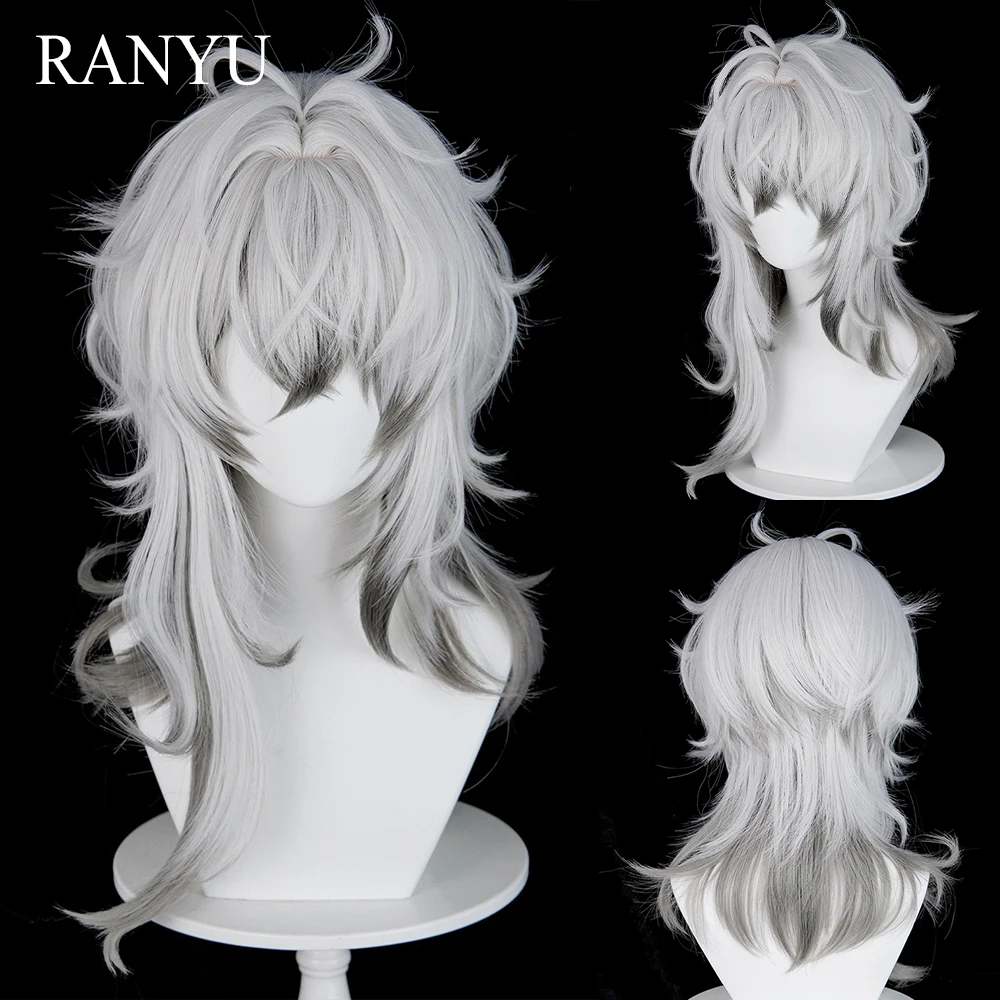 Silver White Ombre Grey Synthetic Medium Long Wigs with Bangs Anime Game Cosplay Fluffy Heat Resistant Wig for Daily Party