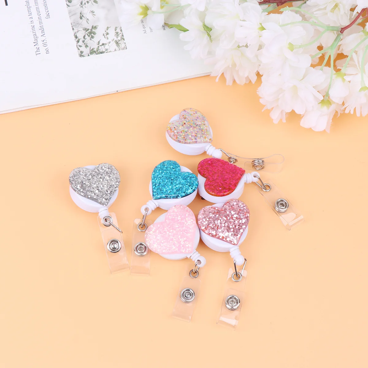 

6Pcs Assorted Color Badge Reels Stylish Heart Shape Id Badge Holder for Nurse Staff Student Retractable Name Tag Reel Clips