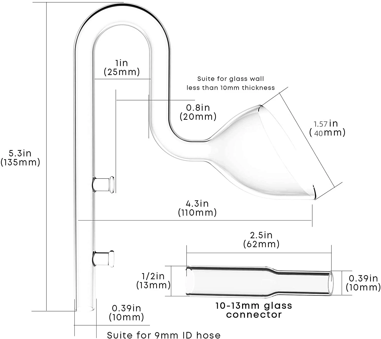 Aquatic Mini Glass Lily Pipe Protein Skimmer Inflow and Outflow for Mini Nano Tank Filter System for Fish Tank Accessories