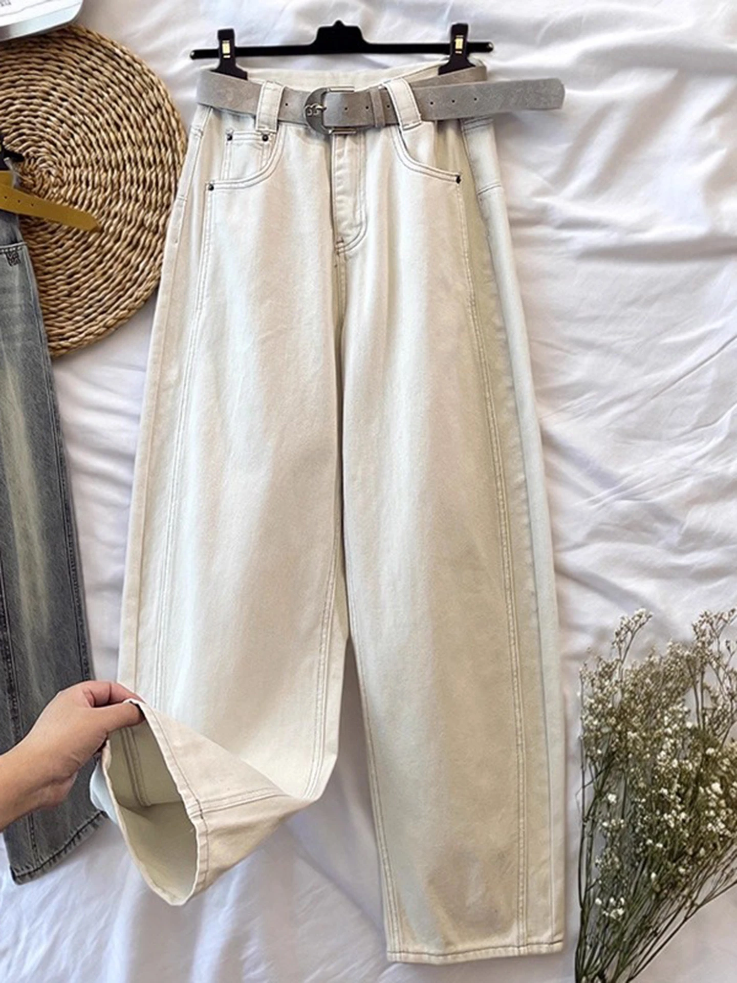 

Женские джинсы цвета хаки с широкими штанинами, осенне-зимние, новые, свободного кроя, с высокой талией, стройнящие, драпирующиеся, повседневные прямые брюки