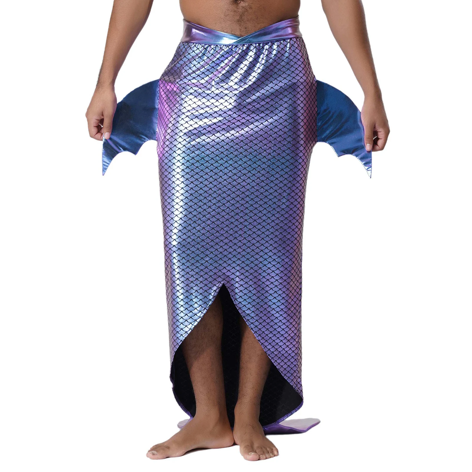 

Men Mermaid Halloween Cosplay Costume Fish Scale Printed Skirt Fancy Dress Up Waistband Irregular High-Low Hem Skirts Role Play