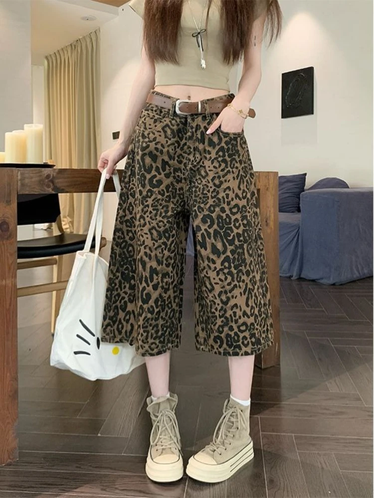 Women's Retro Style Leopard Print High-Waisted Wide Leg Capri Jeans for Summer Slimming Loose Fit American High Street Vintage