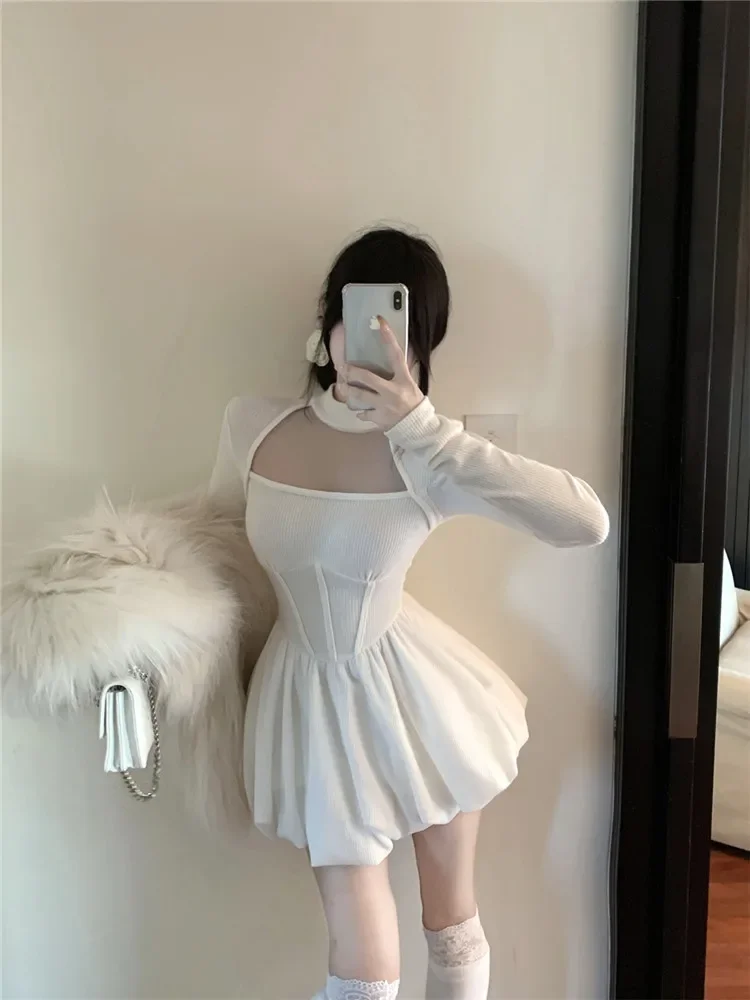 French Ballet Fashion Fairy White Dress Sexy Square Collar Small Girl Bud Mini Dress Long Sleeve Sheer Slim Waist Short Skirt