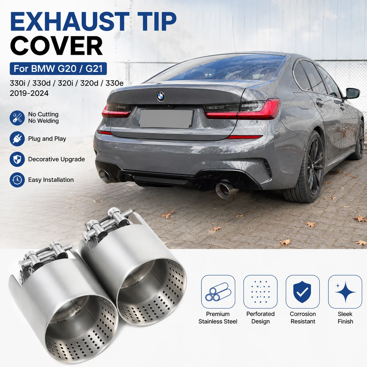 2pcs/lot Exhaust Tips For 2019+ BMW 3 Series G20 G21 320d 330i 330d 330e 320i Plug&Play Muffler Tip Tailpipe Round Tip Only